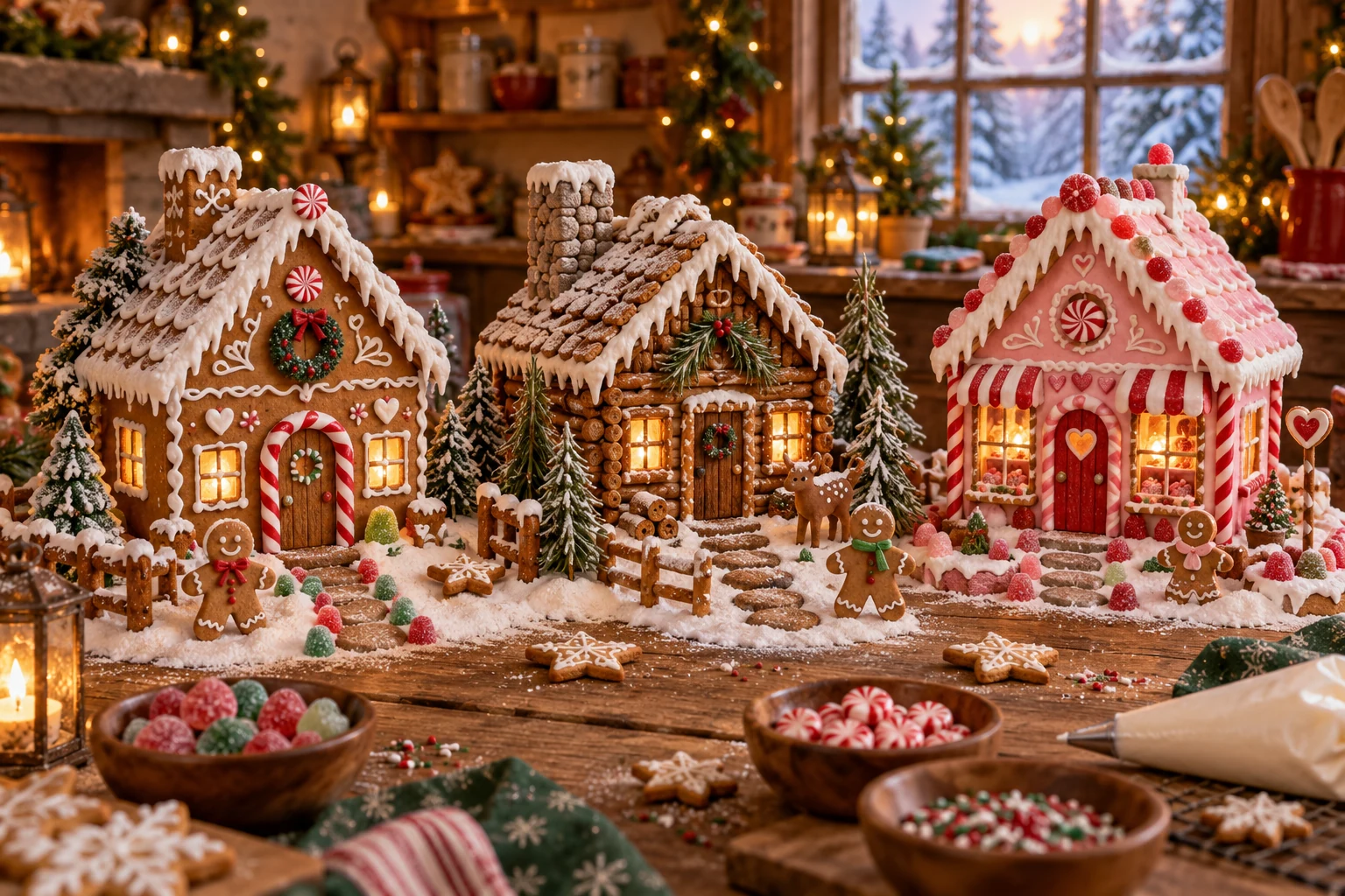 Three handmade gingerbread houses: an iced cottage, a pretzel woodland cabin, and a pink candy sweetshop, on a warm Christmas kitchen table.
