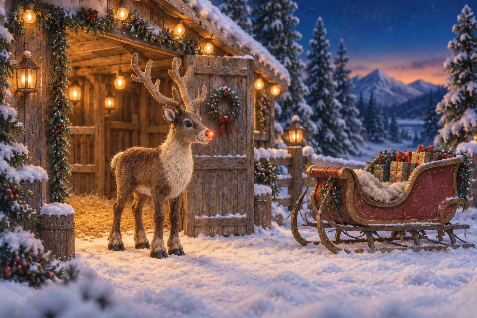 A red-nosed reindeer in a cozy miniature stable with Christmas lights and a little empty sleigh.