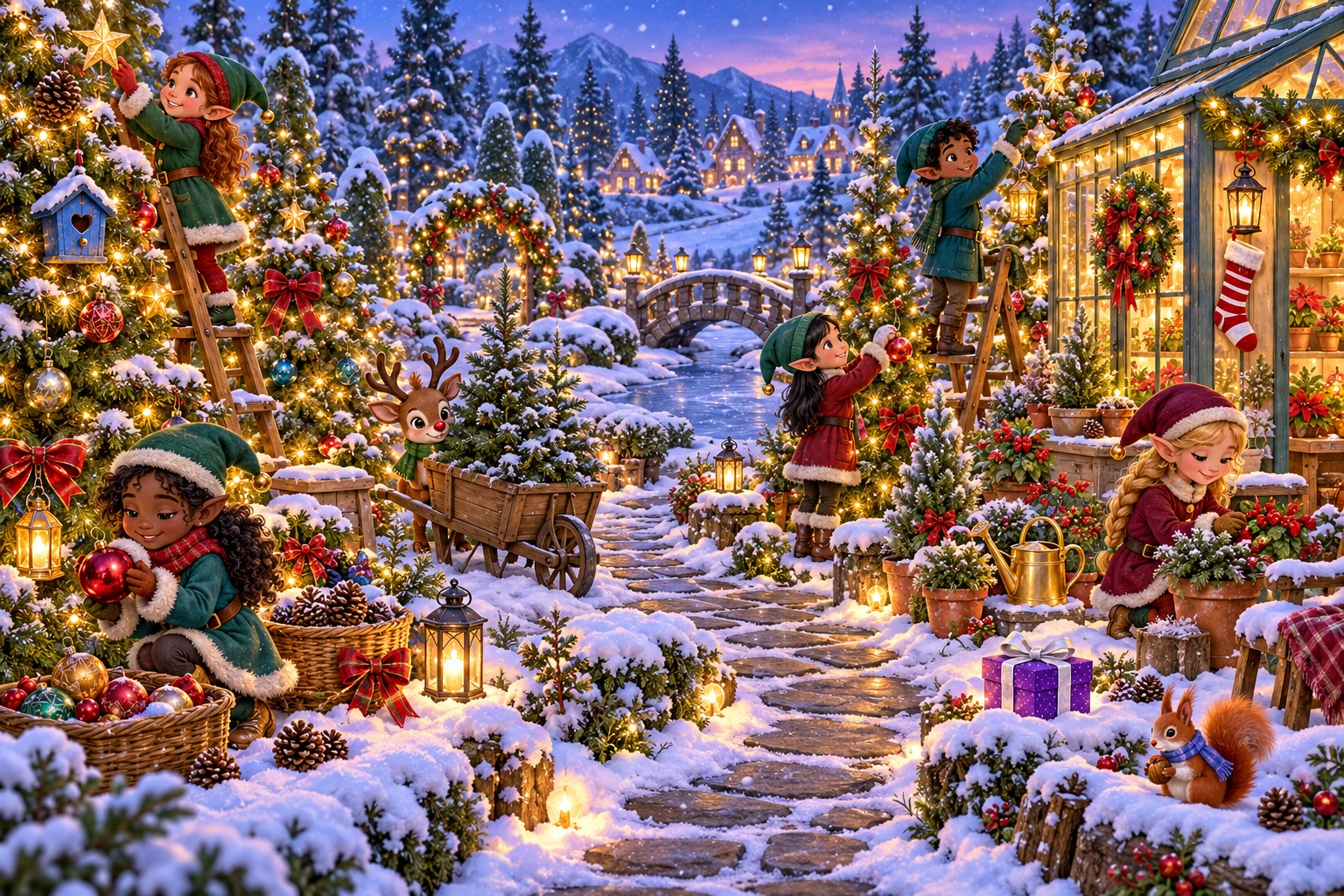 A warmly lit Christmas tree garden decorated by cheerful elves