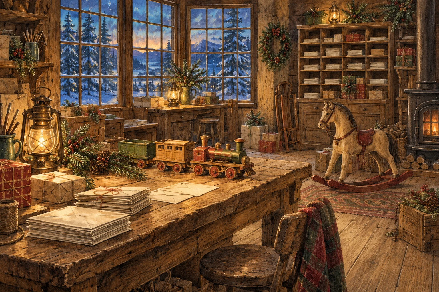 A warm, empty toy workshop with wooden toys, parcels, glowing lanterns, and snow outside the windows.